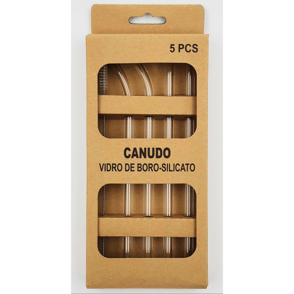 Canudos Vidro Reutilizável: 2 Retos + 2 Curvos + 1 Escova