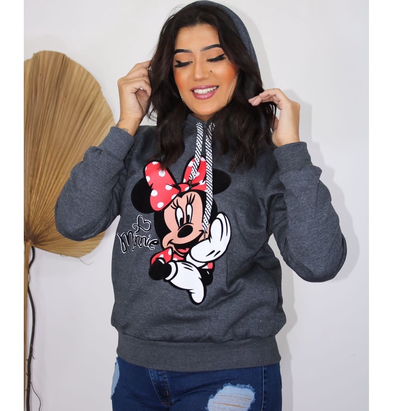 Blusão Casaco Moletom Canguru Feminino Quentinho Premium Com Capuz Blusa Frio Estampada Mickey