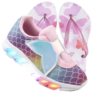 Kit Tenis Feminino Infantil Sereia Glitter De Led Meninas Cano Alto + Chinelo Linkito