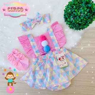 Jardineira Saia Romper Circo Rosa Body Menina Bebê