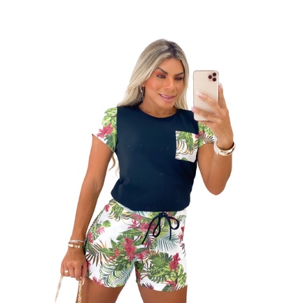 Conjunto Feminino Casual Estampa Floral Blusa E Short Moda Verão