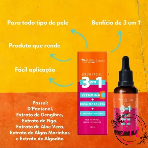 Sérum Facial 3 Em 1 Vitamina C Rosa Mosqueta Ácido Hialurônico