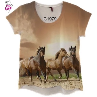 Blusa Feminina Desenho Cavalos Marrom Rebanho Country C1979