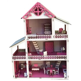 casinha de boneca em mdf pintado de branca e rosa (com mais 25 moveis também pintado de rosa )