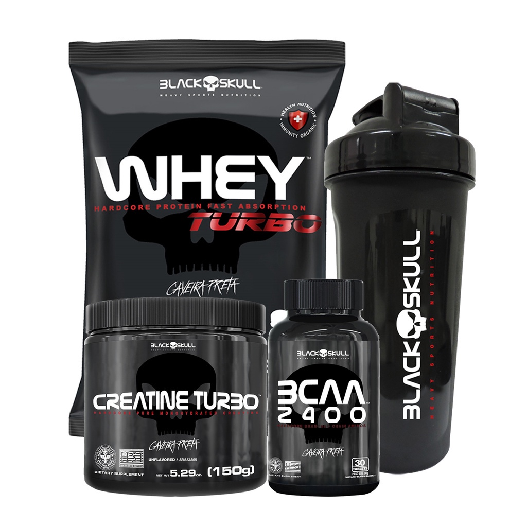 Kit Combo Whey Turbo 907g + Crea 150g + BCAA 30 tabs + Coq. – Black Skull