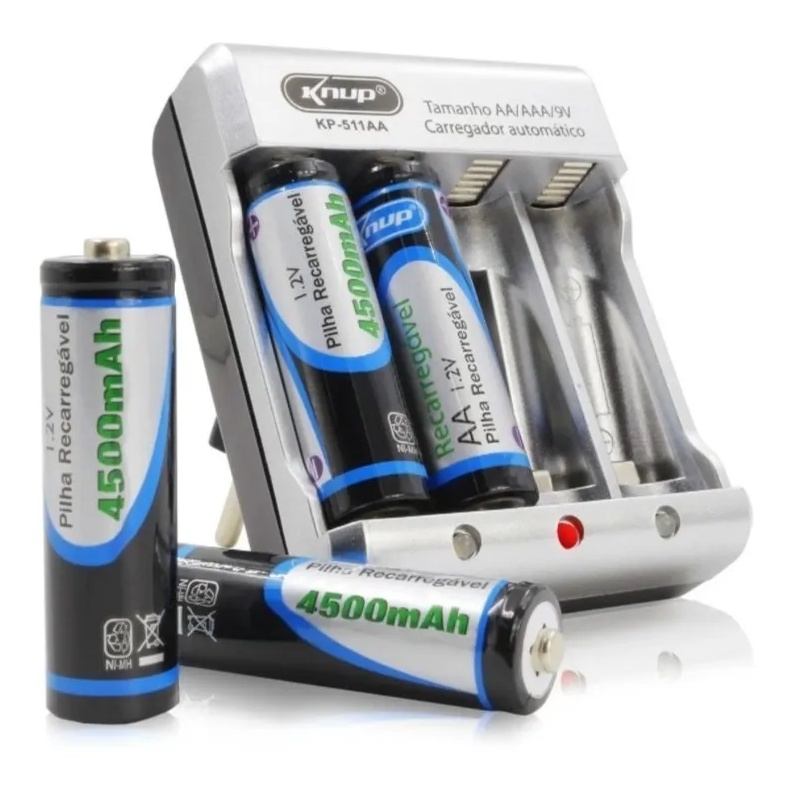 Kit Carregador 4 Pilhas Aa Recarregáveis 4500mah Camera