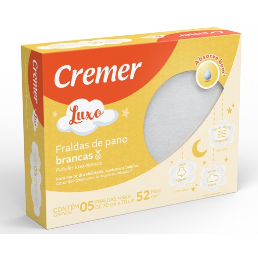 Fralda e Toalha Cremer Luxo de Pano Brancas Com 5 Fraldas