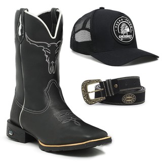 Kit Bota Boné Cinto Country Masculino Texana Botina Bico Quadrado Bordado Touro Texas