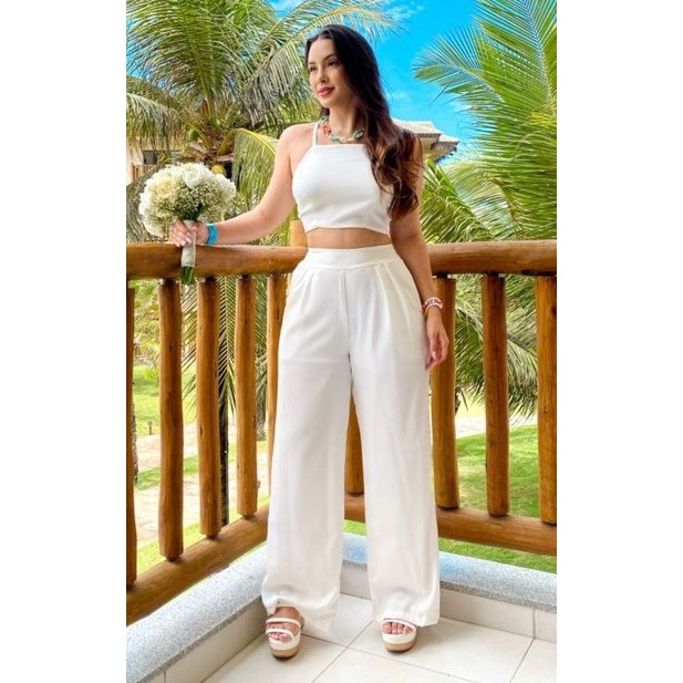 Conjunto calça pantalona hot sale e cropped branco