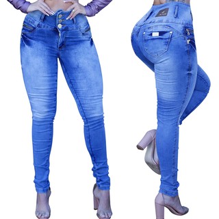Calça Barata Cós Alto Azul Aço Lycra Botões Estilo Pit Bull Calça  Modeladora Linda