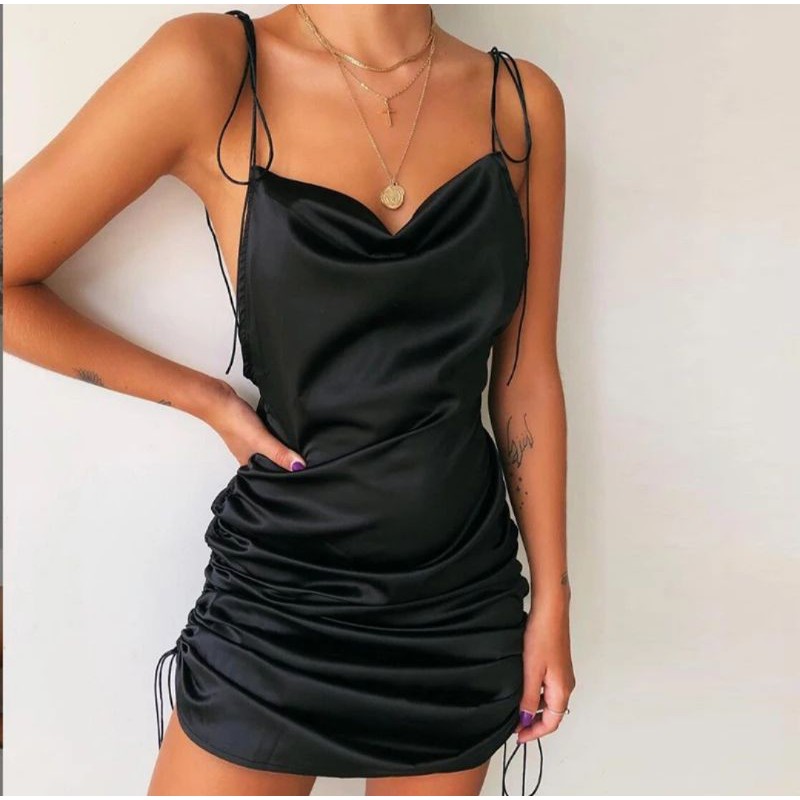 Vestido Cetim Preto / Bege de Amarrar Moda Gringa Blogueiras Curto