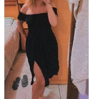 vestido ciganinha ombro a ombro com fenda