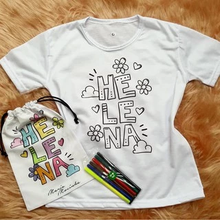 Kit Camiseta Infantil Para Pintar Lavável Original C/ Canetinha e Bolsinha Personalizado Com o Nome