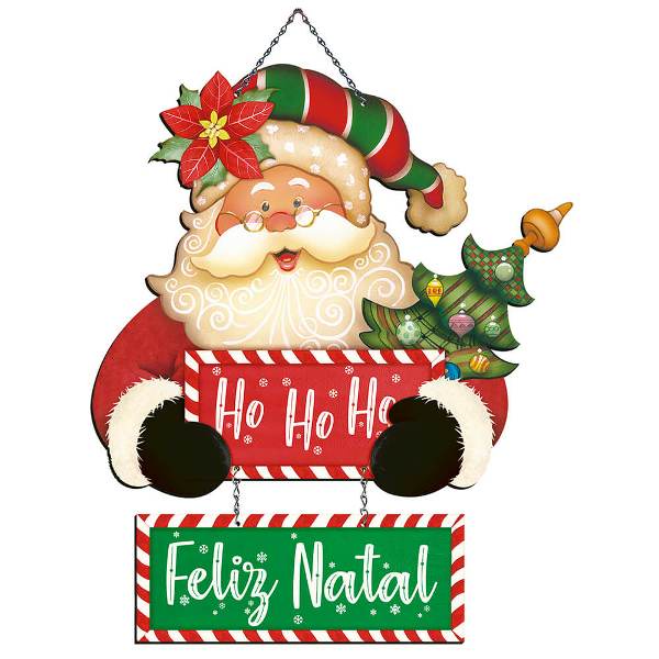Natal - Placa Decorativa para Porta ou Parede - Ho Ho Ho, Feliz Natal