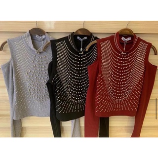 Blusa Manga Longa Country Algodão Com Elastano Pedrarias