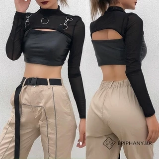 ✿ ☌ O-Neck Longo De Malha Feminina Ver Através De Roupas De Sobreposição