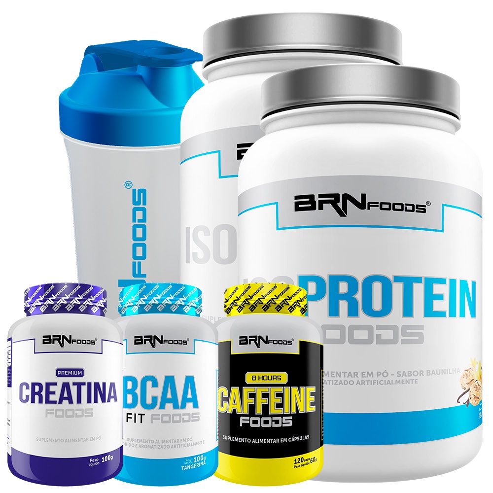 Kit 2x Whey Protein Iso Protein 900g + Cafeína 100g + Premium Creatina 100g + BCAA 100g + Coqueteleira – BRN FOODS