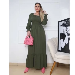 Vestido Longo Luxo DUNA Manga Longa em Oferta na Shopee