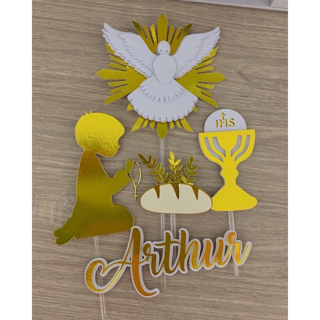 Topo de bolo primeira eucaristia, primeira comunhão, topo luxo para menino e menina