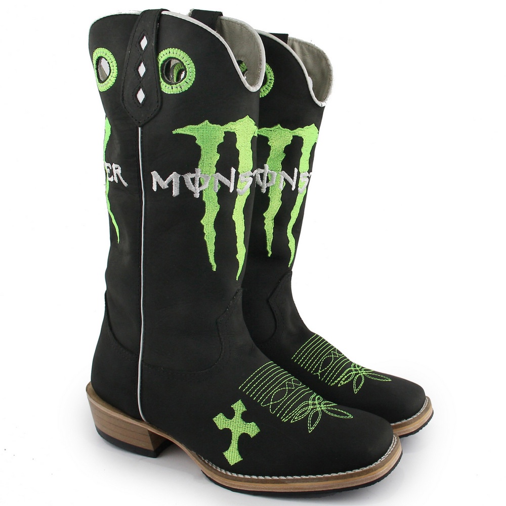 Bota Botina Monster Sola de Couro Bordado Monst 100 % Couro Forma Bico Quadrado