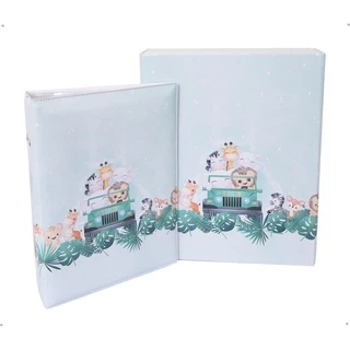 Estojo Imantado com Álbum para 100 Fotos 15x21 - SAFARI JIPE Bebê Animais Infantil Newborn