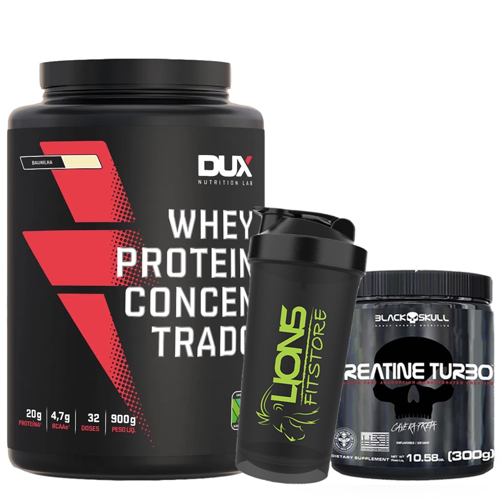 Whey Protein Concentrado Pote (900G) – Sabor Baunilha Dux Nutrition, DUX Nutrition + Creatina Turbo 300g Black Skull + Coqueteleira