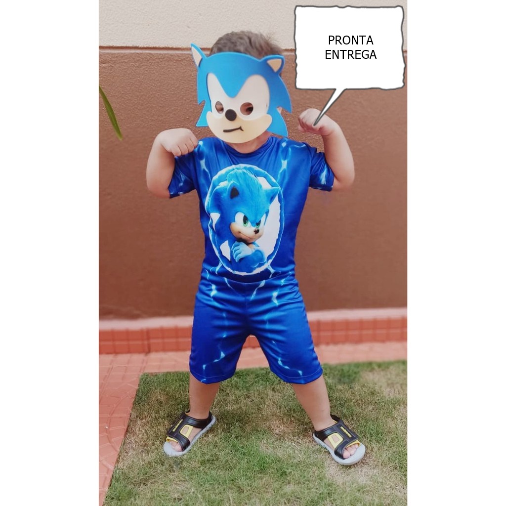 Fantasia Sonic Infantil Luxo Com Máscara E Luva 4 A 12 Anos