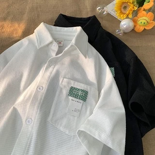 Camisa de Manga Curta Homens Waffle Design Niche chique estilo Hong Kong Retro Camisa de Verão Americana ins Trendy