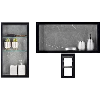 Nicho Em Porcelanato Para Banheiro - kit com 3 peças ( Cinza Marmorizado / Preto )