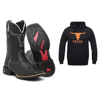 Kit Bota Country Botina Texana Masculina Bico Quadrado Cano Alto Bordado Touro Texas + Moletom Blusa de Frio