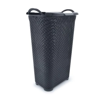 Cesto de Roupa Rattan com Tampa e Alça Basculada 50 Litros Para Roupas Sujas Roupeiro Organizador Plástico Preto