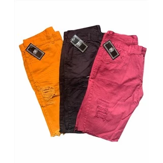 bermuda jeans masculinas rasgada kit com 3 caramelo preta e vermelha