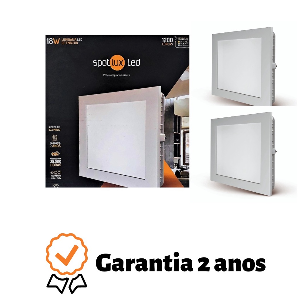 Kit 2 Luminárias led embutir quadrada 18w bivolt Branco Spotlux gesso