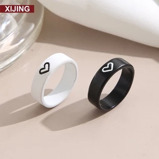 XJ-2 Pçs/Conjunto Anel De Casal Em Formato De Coração Vazado/Criativo/Simples/Preto E Branco