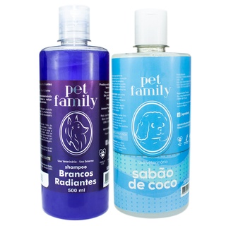 Combo Shampoo Clareador Pet + Sabão Pré-Lavagem Pra Gatos E Cães 500ml Profissional Branqueador Matizador Natural De Coco Para Cachorro Gato Adulto Filhote Pelo Claro Branco Pelagem Curta Comprida Clara Pet Family Clean Banho E Tosa Petshop Atacado Barato