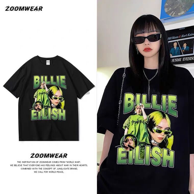Camiseta De Manga Curta Com Estampa De Billie Eilish/Hip Hop/Rapper/Retrô/Y2K