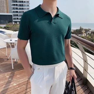 Coreano de Luxo Leve Camisa Polo em V de Luxo Masculino de malha com meia manga Camisa Polo Sportsman Cor Sólida Moda Seda de Lapela Gelada-Ne