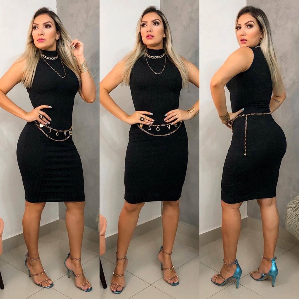 Vestido Midi Canelado Gola Alta Sem Manga Preto Ímpeto Modas