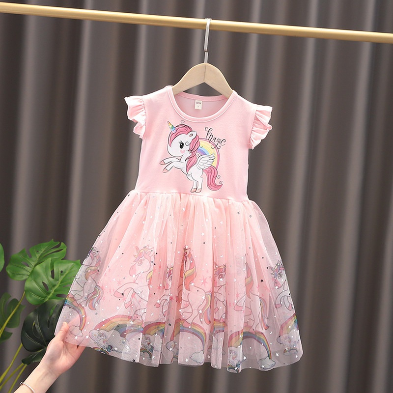 Vestido De Bebê Menina Crianças 1-7 anos Moda Verão Manga Curta Unicórnio  Chiffon Tulle Vestidos De Princesa Infantil