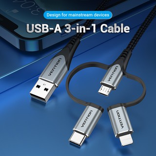 Vention Usb Cabo De Carregamento 3 Em 1 Micro Usb-c Lightning / Cabo Relâmpago De Carga Rápida 480mbps 2a/2.4a Cabo De Dados Usb Para Android/IOS