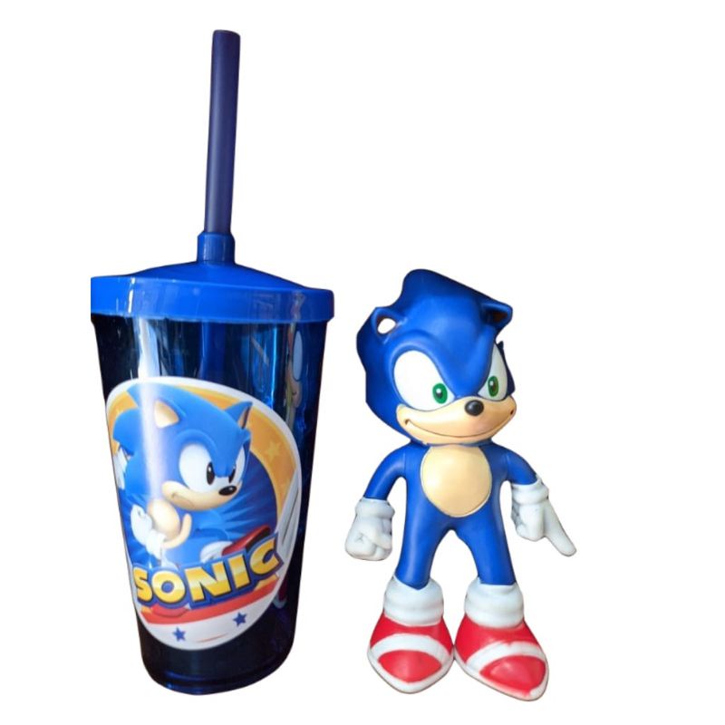 Boneco sonic vermelho 15cm com copo e canudo