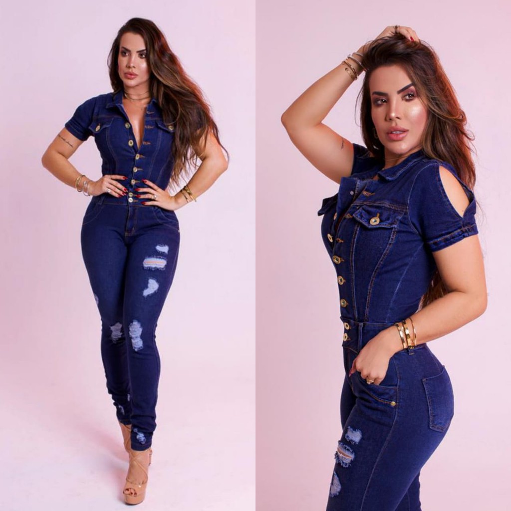 Macacao jeans clearance com manga