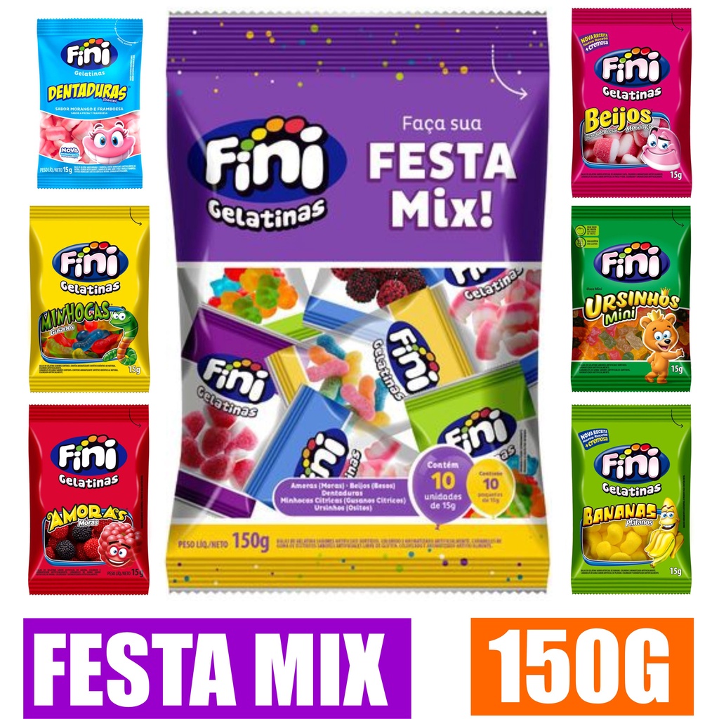 Fini Festa Mix Balas Variadas Original 10 Minis Pacotinhos de 15g