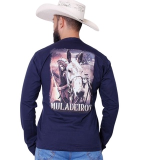Camiseta Manga Longa Muladeiros Masculina Country Azul
