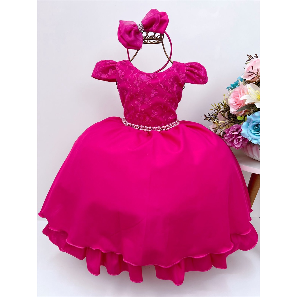 Vestido Infantil Barbie Pink Com Cinto de Pérolas – Moda infantil