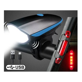 Kit Farol Lanterna Para Bike Com Buzina Recarregável + Sinalizador Traseiro 4 Modos