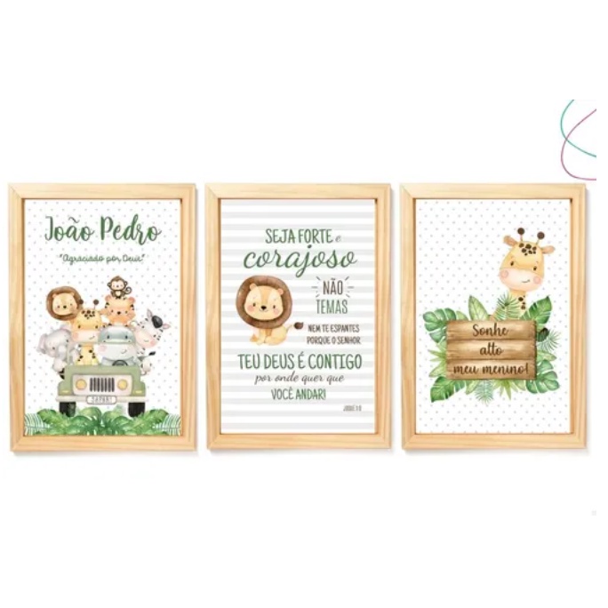 Quadros Decorativos Safari Baby Aquarela Nome Personalizado Para O