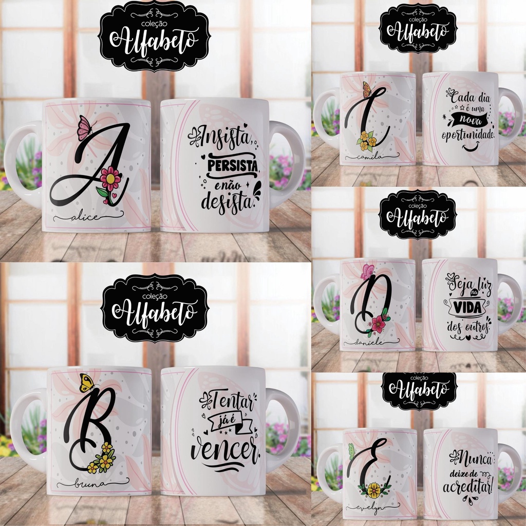Caneca Personalizada Com Nome e Letra do Alfabeto e Frase Motivacional ...