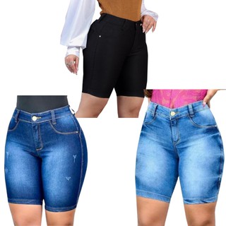 Kit 3 Shorts Jeans Feminino Cintura Alta Com Lycra Elastano Veste Bem