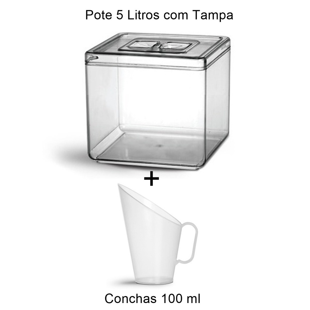Pote Quadrado Acrílico Com Tampa (5 Litros) + Concha 100 Ml